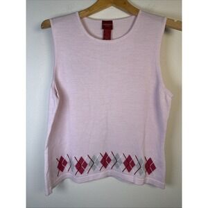 Olsen Europe Pink Gray Merino Wool Blend Vest Sweater Argyle Sleeveless  Size 10